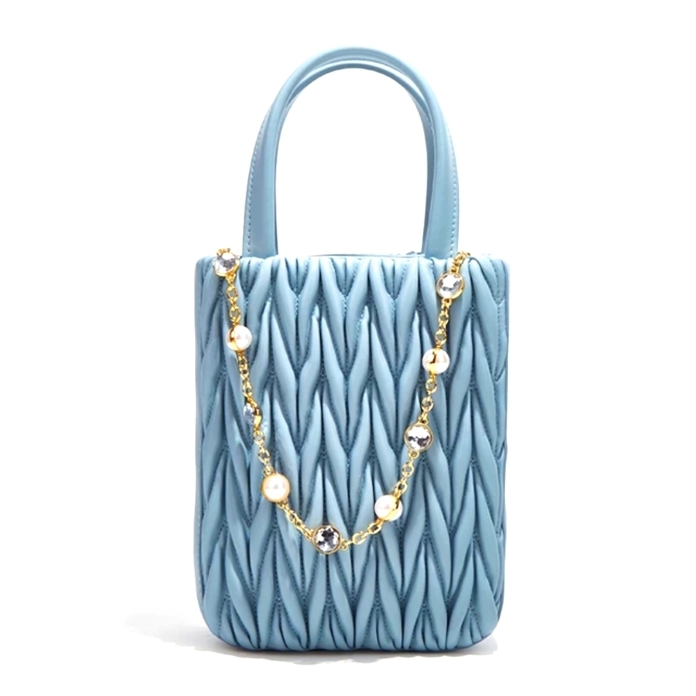 Women's Blue Pleaded Faux Leather Tote Handbag with Pearl Chain Strap